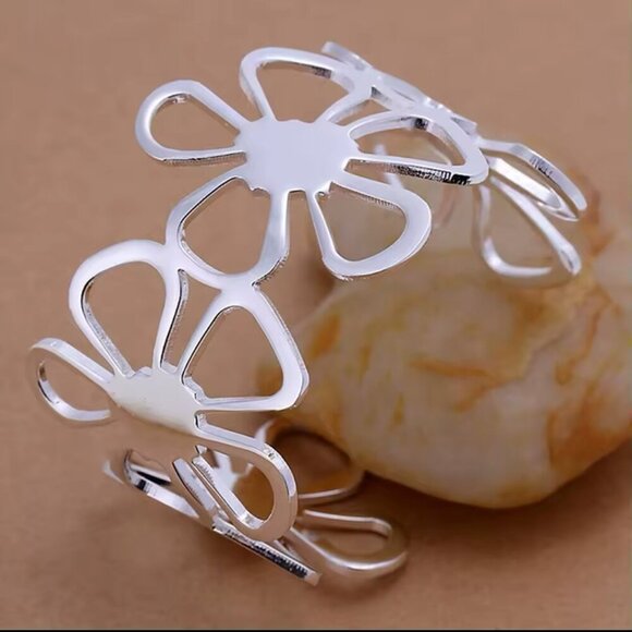 Sterling Silver 925 Floral Cutout Cuff Bracelet – Adjustable #1506 - Picture 3 of 5